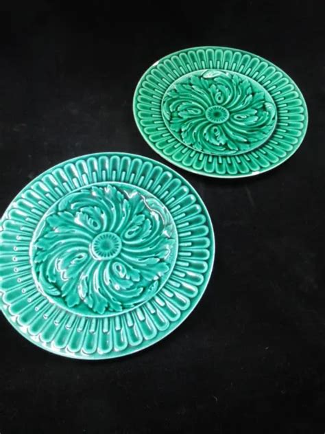 ANTIQUE PAIR 2 French Majolica 8" plates deep green circa 1800s' Sarreguemines $75.00 - PicClick