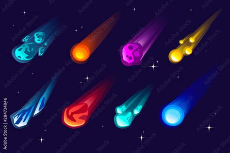 Set of meteors and comet with different colors and shapes flat vector ...