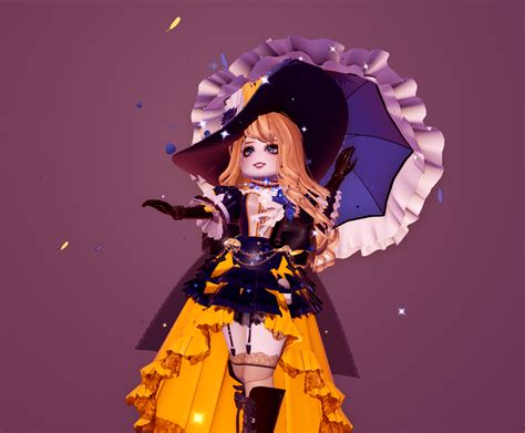 a doll dressed in yellow and black with an umbrella over her head, standing against a purple ...