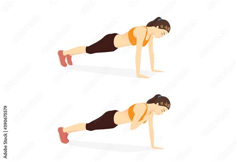 Sport woman doing exercise with Plank Shoulder Taps on the floor in 2 steps. Cartoon for workout ...