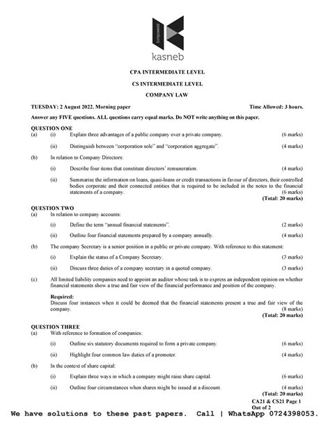 CL 2015 - Aug 2022 Past Papers - CA21 & CS21 Page 1 Out of 2 CPA INTERMEDIATE LEVEL CS - Studocu