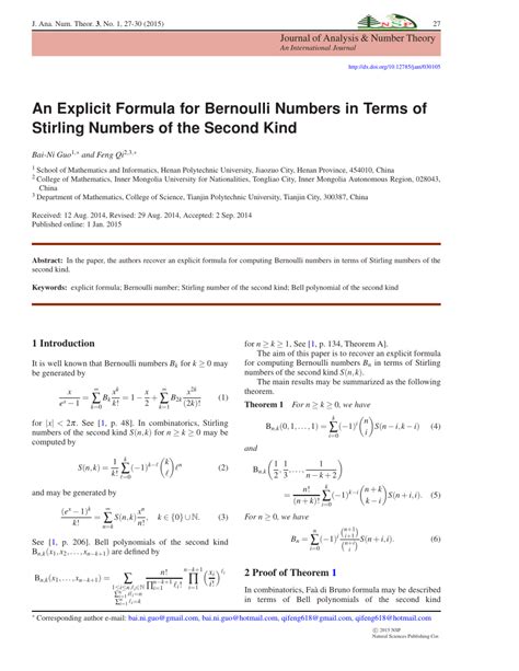 (PDF) An explicit formula for Bernoulli numbers in terms of Stirling numbers of the second kind