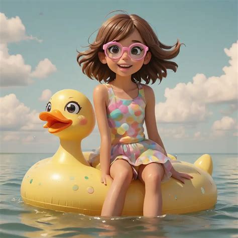 Adorable Preteen Girl Riding Giant Kawaii Rubber Duck Floaty under Pastel Sky | MUSE AI