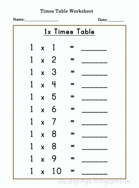 Kids Page: Printable 1 X Times Table Worksheets for Free