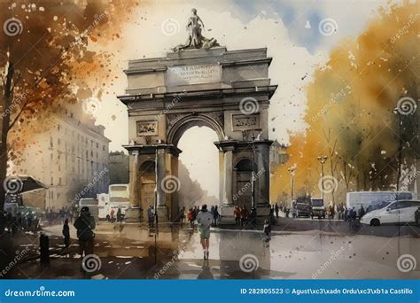 Painting of a Watercolor Drawing of the Puerta De Alcala in Madrid. Stock Illustration ...