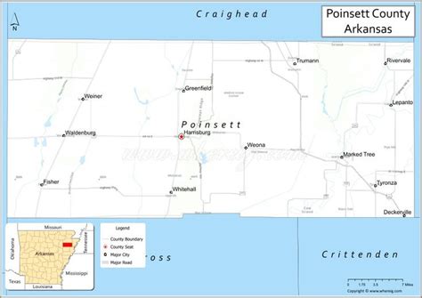 Map of Poinsett County, Arkansas showing cities, highways & important ...