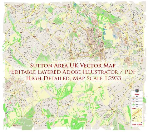 Sutton Area UK PDF Vector Map: City Plan High Detailed Street Map editable Adobe PDF in layers