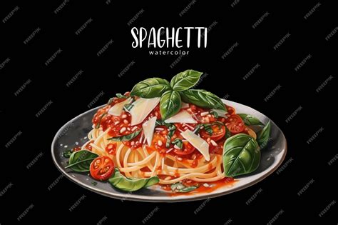 Premium Vector | A drawing of spaghetti with tomato sauce and basil leaves on a plate