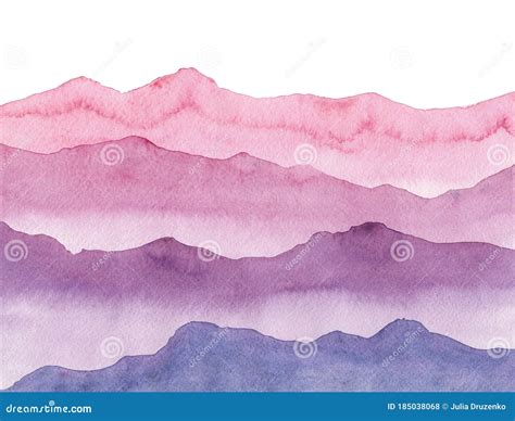 Watercolor Hand Drawn Illustration with Pink and Violet Waves Mountains. Stock Illustration ...