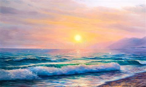 Sunrise Over Sea. Painting Seascape. Stock Illustration - Illustration of breeze, cleanliness ...