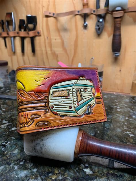 Hand Tooled Leather Wallet with Desert Scene and Camper | Etsy