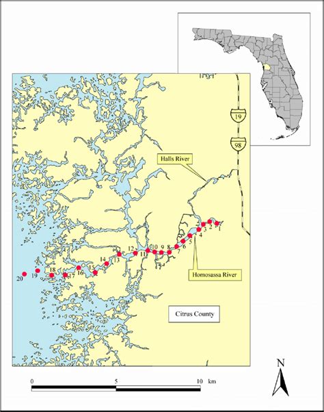 Homosassa River. Center points of sampling transects/sites are ...