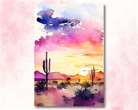 Desert Sunset Print Colorful Watercolor Wall Art Southwest Landscape Gift Saguaro Cactus ...