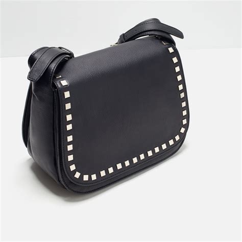 Zara Studded Leather Messenger Bag in Black | Lyst