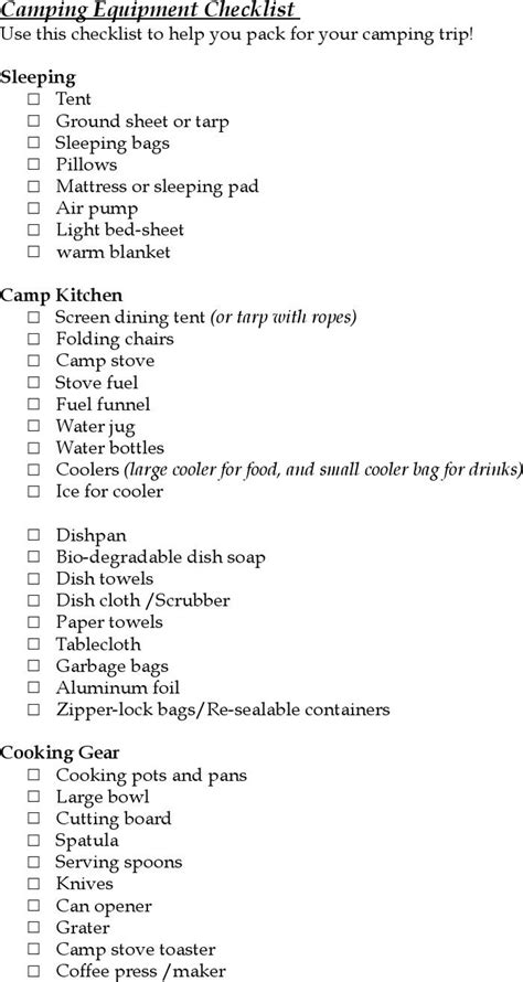 Free Camping Equipment Checklist - PDF | 86KB | 4 Page(s)