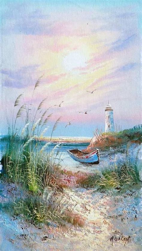 painted on canvas lighthouses | Oils - Sea with boat and lighthouse by ...