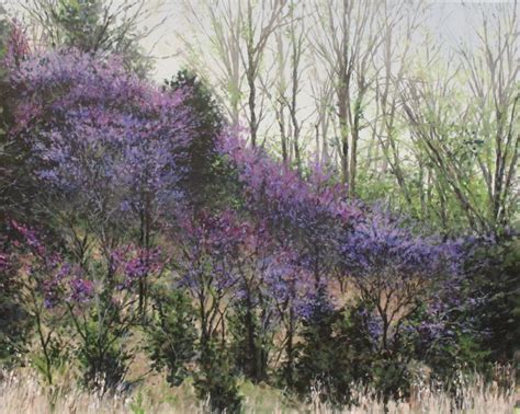 Spring Hill Covered with Blooming Red Bud Trees - Acrylic on Canvas, in Spring