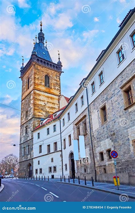 The Tower of Nove Mesto Town Hall from Vodickova Street, Prague ...