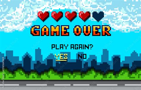 Game over Pixel art design with city landscape background. Colorful Pixel arcade screen for game ...