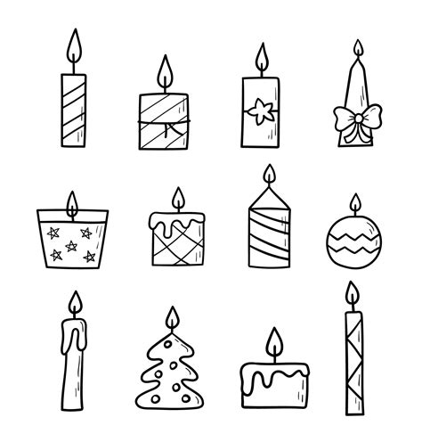 Candle hand drawn set. Doodle sketch. Vector linear burning candles on ...