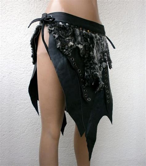 Dream Warriors black leather skirt / loincloth with real fur. Post apocalyptic primitive tribal ...