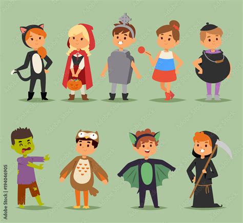 Cartoon cute kids wearing Halloween costumes vector characters. Little ...