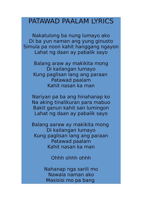 Moira'S SONG Lyrics - cess - PATAWAD PAALAM LYRICS Nakatulong ba nung ...