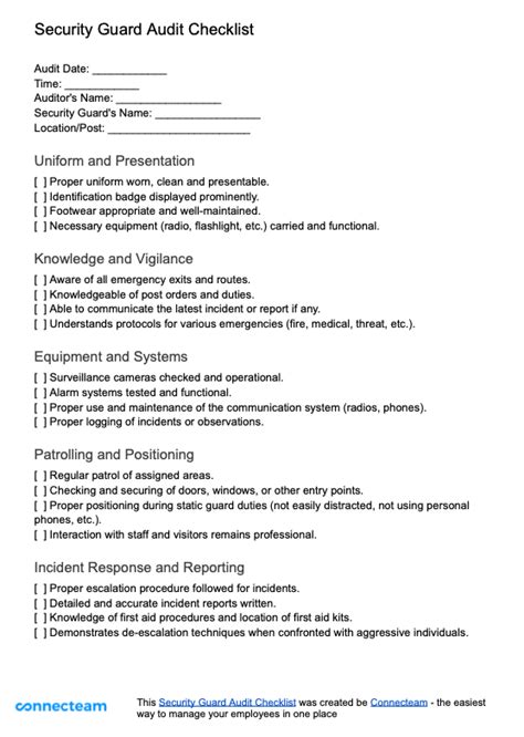 Security Guard Audit Checklist Template - Free PDF Download