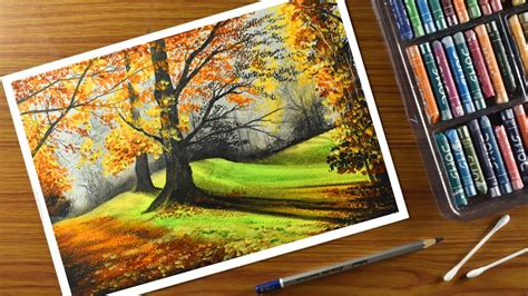 Oil pastel scenery / Step by step tree landscape oil pastel Drawing for ...