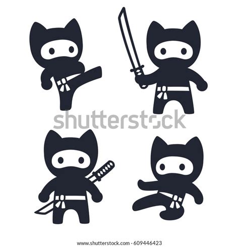 Cute Cartoon Ninja Cat Set Adorable Stock Vector (Royalty Free) 609446423