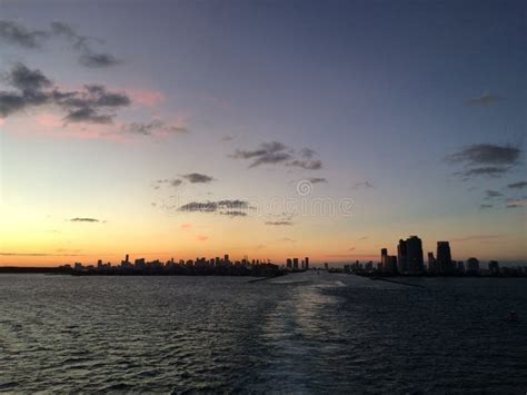 Miami sunset skyline stock image. Image of sunset, port - 69984321