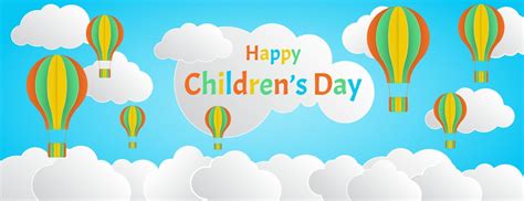 banner template for happy children's day paper cut style, sky background with colorful balloon ...