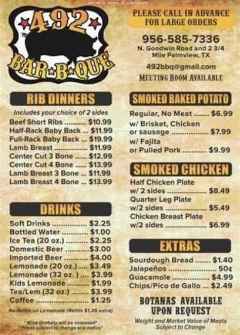 Menu at 492 BBQ, Mission, FM492