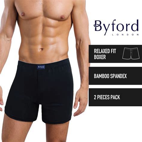 (2 Pcs) Byford Mens Bamboo Spandex Boxer Underwear Assorted Colours ...