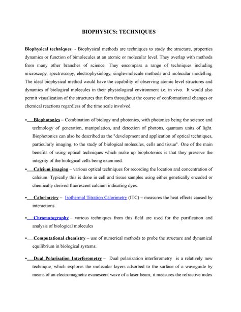 Biochemistry and Biophysics techniques notes - BIOPHYSICS: TECHNIQUES Biophysical techniques ...