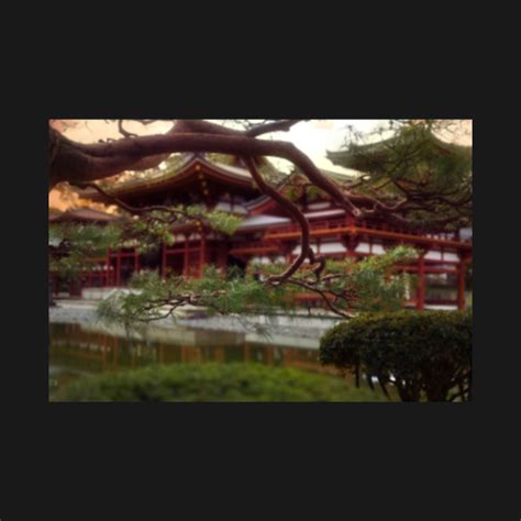 Phoenix Hall of Byodo-in temple in sunrise behind pine tree branches Byodoin Uji Japan art photo ...