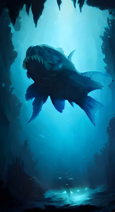 giant scary fish, bioluminescence, darkness, cave, under the sea, coral ...