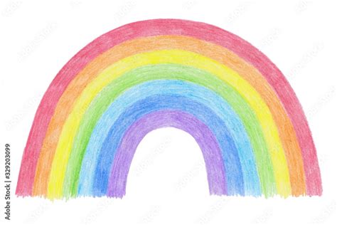 Hand-drawn rainbow isolated on a white background. A rainbow drawn with wax crayons in a ...