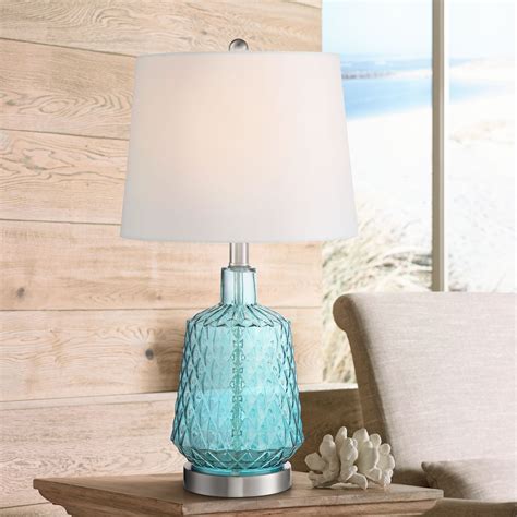 360 Lighting Modern Coastal Accent Table Lamp Blue Glass White Drum Shade for Living Room ...