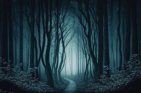 Premium Photo | Dark and mysterious forest with towering trees a misty ...