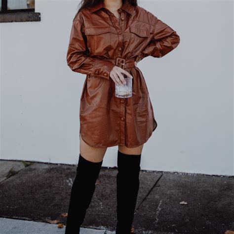 Brown Leather Dress | Brown leather dress, Brown leather dress outfit, Winter dress outfits