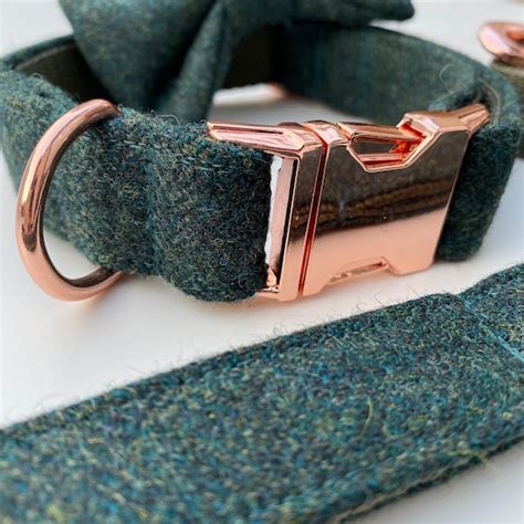 Teal Green Tweed Dog Collar Bow Lead Set Rose Gold Metal | Etsy