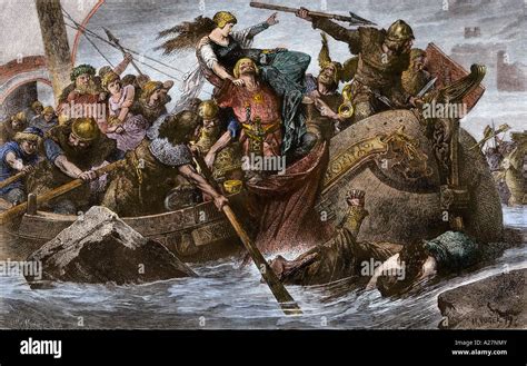 Viking raid on an English Channel coast under Olaf Tryggvason 900s AD. Hand-colored woodcut ...