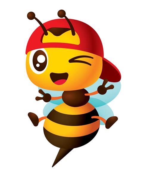 Cute worker bee cartoon wearing red baseball cap showing peace or victory hand signs. Bee ...