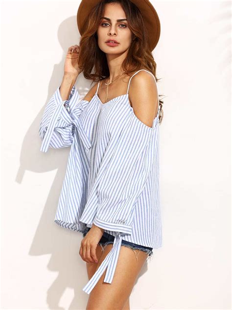 Blue Striped Cold Shoulder Spaghetti Strap Blouse -SheIn(Sheinside)