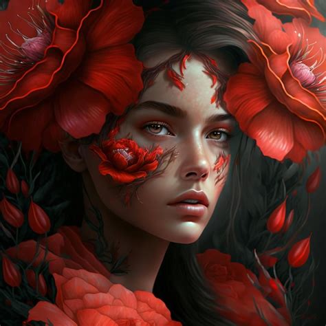 Premium Photo | A woman with red flowers on her face