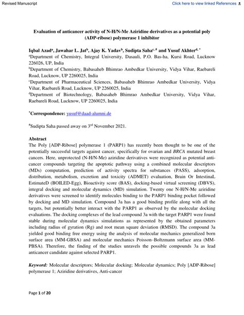 (PDF) Evaluation of anticancer activity of N-H/N-Me Aziridine ...