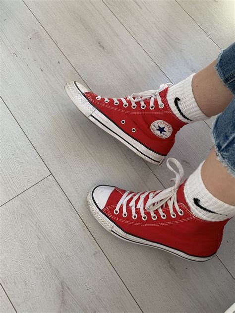 Red high top converse all stars Nike socks in 2022 | Red converse shoes ...