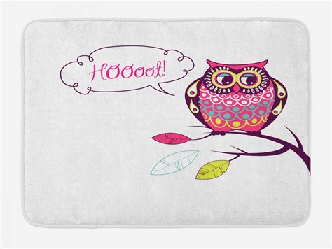 Owl Bath Mat, Ornate Colorful Owl on the Branch Observing Flat Face ...