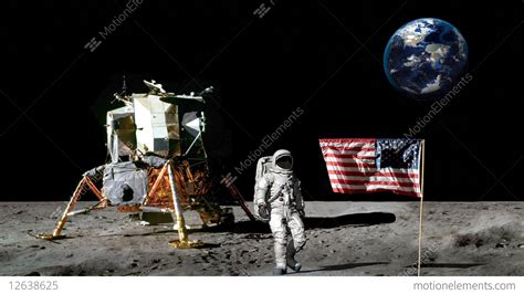 Astronaut Walking On The Moon And Saluting The American Flag.. CG Animation Stock video footage ...